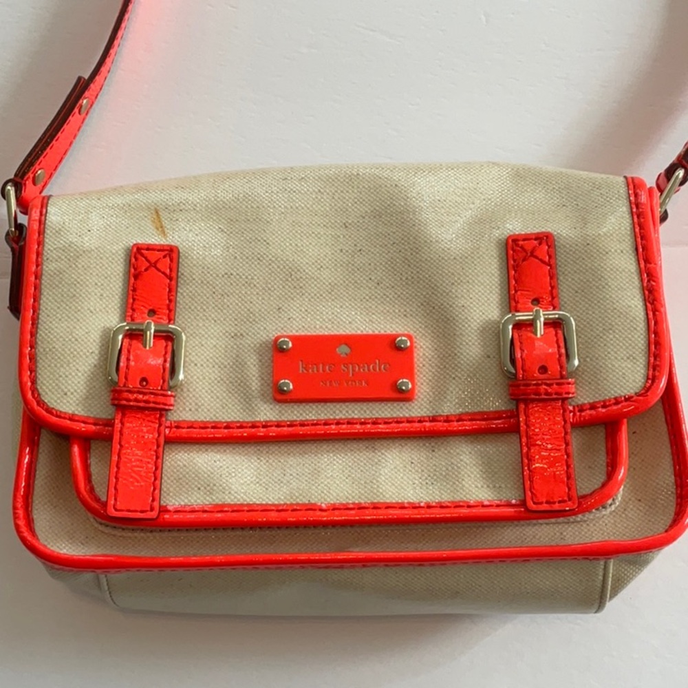 Kate Spade Horseshoe Cove Scout Cream Neon Coral Purse Bag Crossbody Shoulder